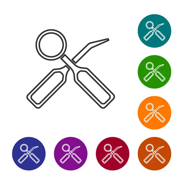 Siyah çizgi dişçi denetleme aynası ve beyaz arkaplanda izole edilmiş ölçeklendirici simgesi. Diş muayenesi. Simgeleri renk daire düğmelerine ayarla. Vektör.