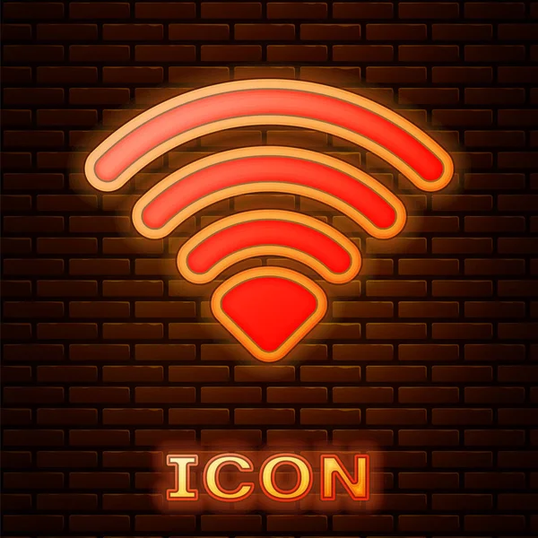 レンガの壁の背景に隔離されたネオンWi Fiワイヤレスインターネットネットワークシンボルアイコンを光る ベクトル — ストックベクタ