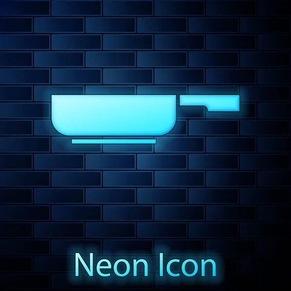 Glödande Neon Stekpanna Ikon Isolerad Tegelvägg Bakgrund Stek Eller Stekt — Stock vektor