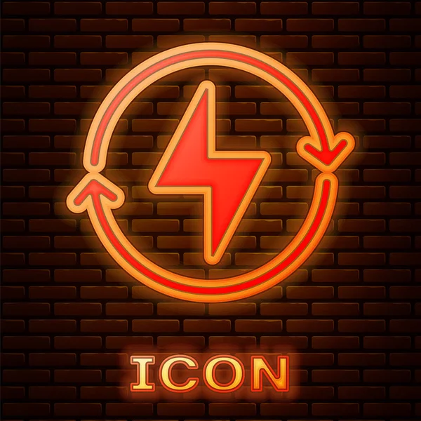 Icono Rayo Neón Brillante Aislado Fondo Pared Ladrillo Señal Flash — Vector de stock