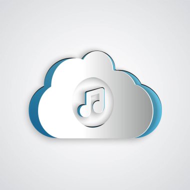 Kağıt kesimi Müzik Yayını servis simgesi gri arkaplanda izole edildi. Ses bulutları, çevrimiçi medya yayınları, şarkı, ses dalgaları. Kağıt sanatı tarzı. Vektör.