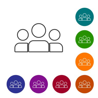 Siyah çizgi kullanıcı grubu simgesi beyaz arkaplanda izole edildi. Bir grup insan ikonu. İş simgesi - kullanıcı profili simgesi. Simgeleri renk daire düğmelerine ayarla. Vektör.