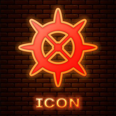 Parlayan neon bisikletli kolon ikonu tuğla duvar arka planında izole edilmiş. Vektör.