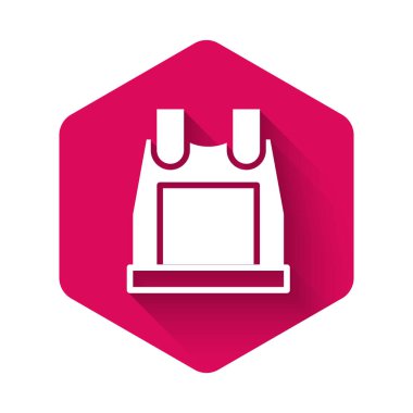 Uzun gölgeli kurşun ikonundan korunmak için beyaz kurşun geçirmez yelek. Vücut zırhı işareti. Askeri kıyafetler. Pembe altıgen düğmesi. Vektör.