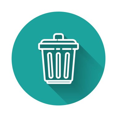 Uzun gölgeli beyaz çizgi çöp kutusu simgesi. Çöp kutusu tabelası. Sepet simgesini geri dönüştür. Ofis çöpü ikonu. Yeşil daire düğmesi. Vektör İllüstrasyonu.