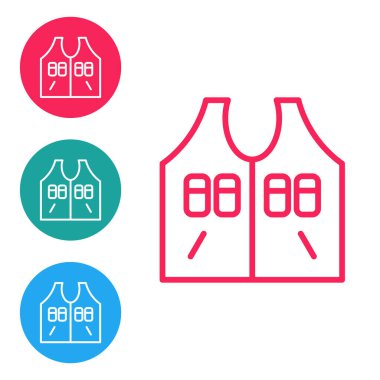 Kırmızı çizgi av ceketi simgesi beyaz arka planda izole edildi. Av yeleği. Simgeleri daire düğmelerine ayır. Vektör.