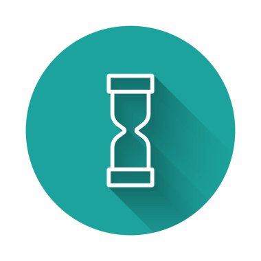 Beyaz çizgi. Uzun gölgeli kum ikonu akan eski kum saati. Kum saati işareti. İş ve zaman yönetimi kavramı. Yeşil daire düğmesi. Vektör.