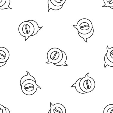 Gri çizgi kahve ve sohbet ikonu beyaz arka planda izole edilmiş kusursuz desen. Kahve sohbeti. Konuşma baloncukları sohbet ediyor. Vektör.