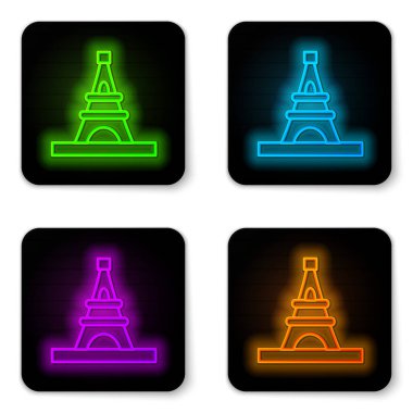 Parlayan neon hattı beyaz arka planda izole edilmiş Eyfel kulesi simgesi. Fransa Paris simgesi. Siyah kare düğme. Vektör.