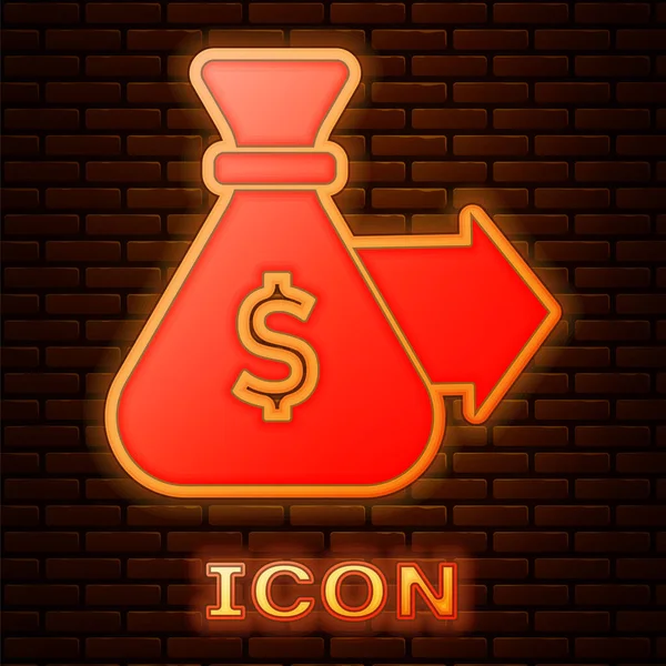 Glowing Neon Money Bag Icon Isolated Brick Wall Background Dollar — Stock Vector