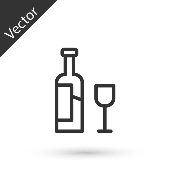 Linha Cinza Garrafa Vinho Com Ícone Vidro Isolado Fundo Branco — Vetor de Stock