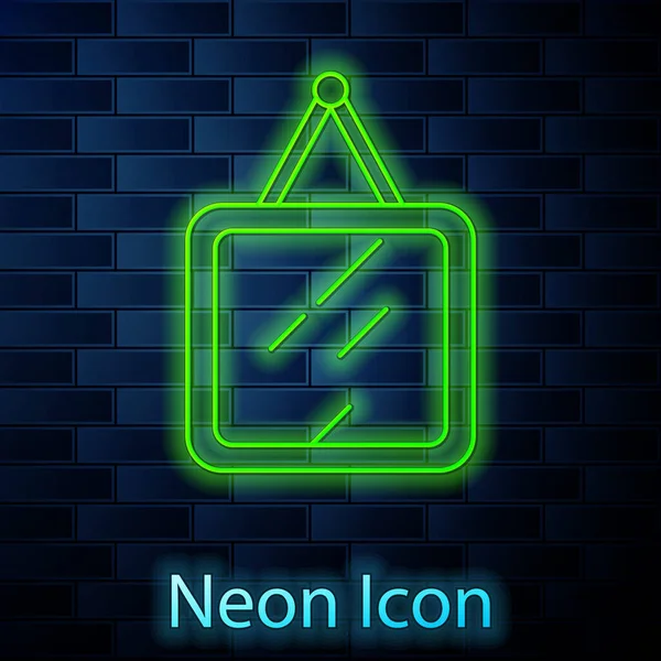 Gloeiende Neon Lijn Spiegel Pictogram Geïsoleerd Baksteen Muur Achtergrond Vector — Stockvector