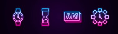 Bilek saatini, Eski Kum Saati, Saat Sabah ve Zaman Yönetimi 'ni ayarla. Parlayan neon ikonu. Vektör