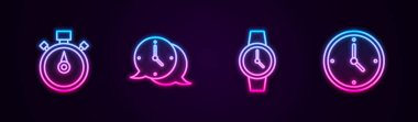 Stopwatch, Clock konuşma balonu, bilek ve. Parlayan neon ikonu. Vektör