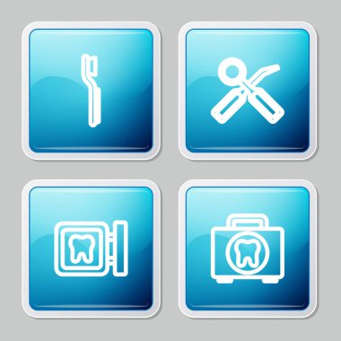 Diş fırçası, diş muayenesi aynası, klinik konumu ve ilk yardım çantası ikonu ayarla. Vektör