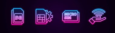 5G Sim Card, kart ayarı, mikro ve ağı ayarla. Parlayan neon ikonu. Vektör