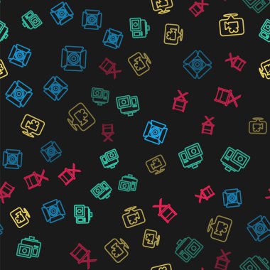 Spot ışığı, aksiyon ekstrem kamerası, kamera ve mekan ve yönetmen koltuğunu kusursuz bir şekilde ayarlayın. Vektör