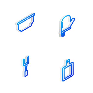 Isometric hattı fırın eldiveni, bowling eldiveni, barbekü çatalı ve kesme tahtası simgesini ayarla. Vektör