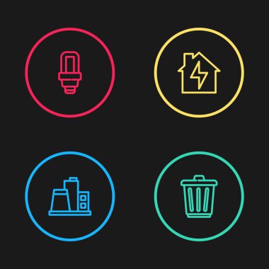 Set hattı fabrikası, çöp kutusu, ev ve şimşek ve LED ampul ikonu. Vektör