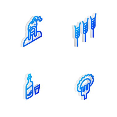 Isometric hattı buğday, Ukrayna kazağı, biberli votka, cam ve çatal ikonlu börek. Vektör