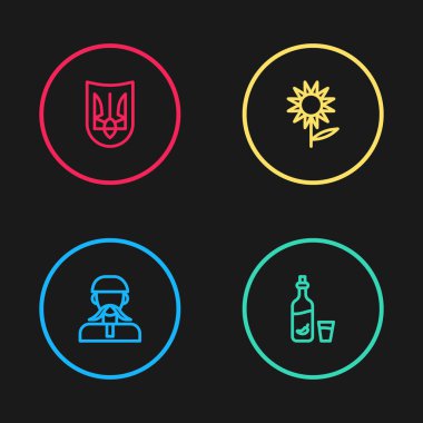 Sıra Ukrayna Kazağı, biberli votka, ayçiçeği ve mızrak ikonu. Vektör