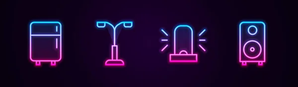 Set Line Kühlschrank Straßenlaterne Blinksirene Und Stereo Lautsprecher Leuchtende Leuchtschrift — Stockvektor