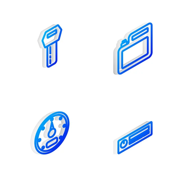 Set Isometrische Lijn Container Voor Motorolie Autosleutel Met Afstandsbediening Snelheidsmeter — Stockvector
