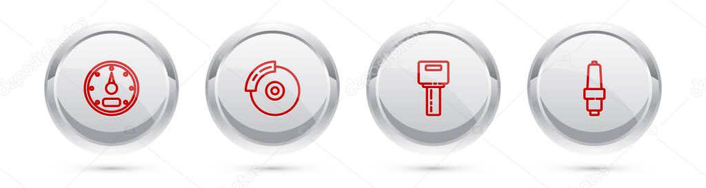 Set line Speedometer, Car brake disk with caliper, key remote and spark plug. Silver circle button. Vector