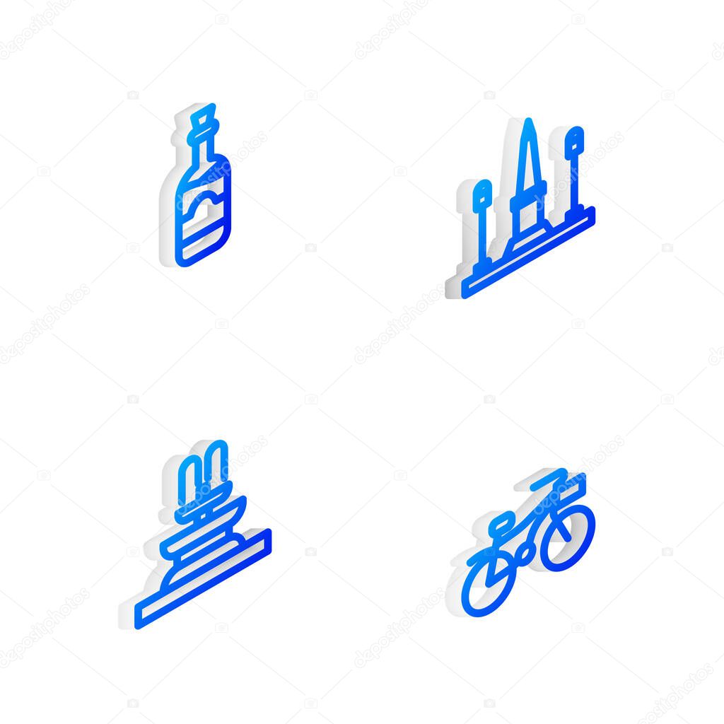 Set Isometric line Place De La Concorde, Bottles of wine, Fountain and Bicycle icon. Vector