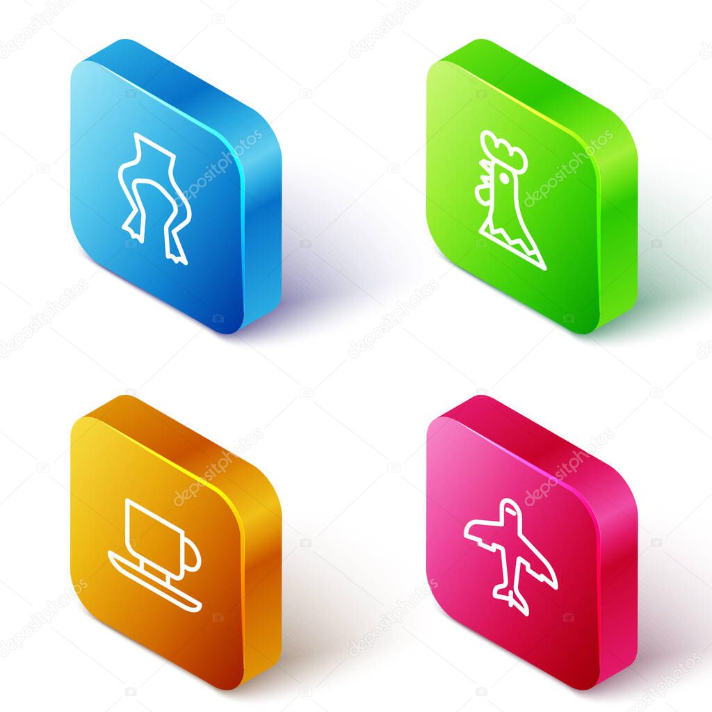 Set Isometric line Frog legs, French rooster, Coffee cup and Plane icon. Vector