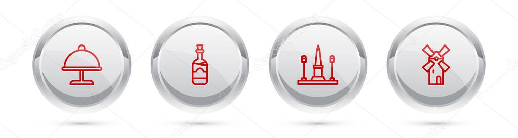 Set line Covered with tray, Bottles of wine, Place De La Concorde and Windmill. Silver circle button. Vector