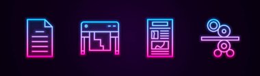 Satır Dosyası belgesi, Çizici, Haber ve Kağıt rulosu baskı makinesi ayarla. Parlayan neon ikonu. Vektör