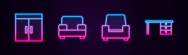 Gardırop, Armchair ve ofis masasını ayarla. Parlayan neon ikonu. Vektör