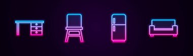 Ofis masası, sandalye, buzdolabı ve kanepe ayarlayın. Parlayan neon ikonu. Vektör