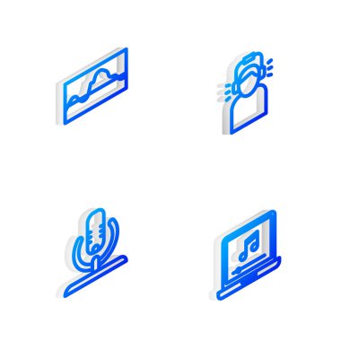 Isometric hattı kulaklıklı adam, müzik dalgası eşitleyicisi, mikrofon ve dizüstü bilgisayarı müzik notası simgesi ile ayarla. Vektör