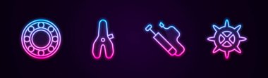 Halatı kurun bisiklet bilye, koltuk, hava pompası ve sproket kolu. Parlayan neon ikonu. Vektör