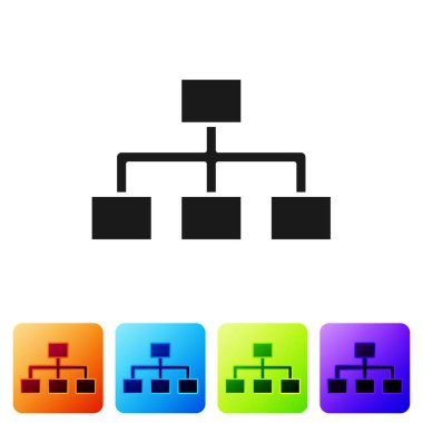 Siyah İş Hiyerarşisi organizogram grafiksel bilgi simgesi beyaz arkaplanda izole edildi. Kurumsal yapı elementleri. Renkli kare düğmelerle simgeleri ayarla. Vektör İllüstrasyonu.