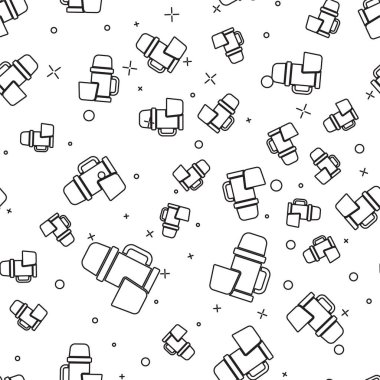 Beyaz arka planda siyah çizgi termos kabı ve fincan ikonu izole edilmiş pürüzsüz desen. Termo matara ikonu. Kamp ve yürüyüş ekipmanları. Vektör İllüstrasyonu.