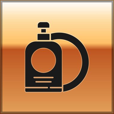 Altın arka planda izole edilmiş siyah bulaşık suyu şişesi ve tabak ikonu. Bulaşık yıkamak için sıvı deterjan. Vektör İllüstrasyonu.