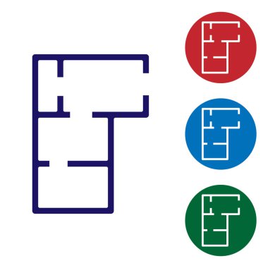 Mavi Saray planı simgesi beyaz arkaplanda izole edildi. Renkli kare düğmelerle simgeleri ayarla. Vektör.