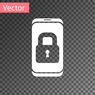 Şeffaf arkaplanda kapalı asma kilit simgesine sahip beyaz akıllı telefon. Kilitli telefon. Gezici güvenlik, güvenlik, koruma konsepti. Vektör.