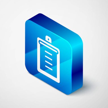 Gri arkaplanda kontrol listesi simgesine sahip Isometric Panosu. Kontrol listesi sembolü. Anket anketi ya da anket geri bildirim formu. Mavi kare düğme. Vektör.