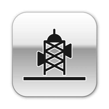 Beyaz arkaplanda siyah anten simgesi izole edildi. Radyo anteni kablosuz. Teknoloji ve ağ sinyali radyo anteni. Gümüş kare düğme. Vektör.