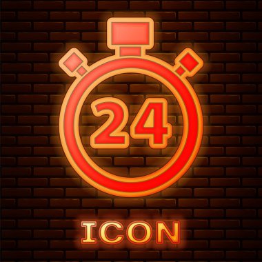 Parlayan neon kronometre, duvarın arkasında 24 saat izole edilmiş bir ikon. Tüm gün döngü simgesi. 24 saat hizmet sembolü. Vektör.