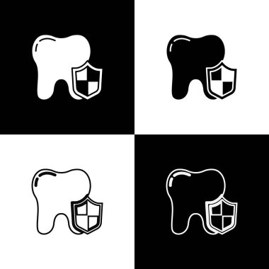Siyah beyaz arkaplanda diş koruma simgesini ayır. Kalkan logosunda diş. Vektör.