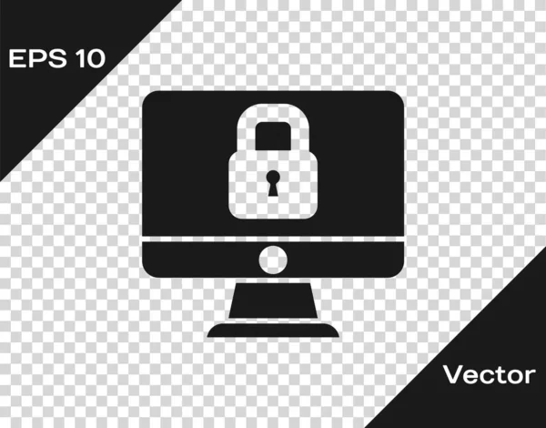 Черный Замок Экране Монитора Компьютера Значок Изолирован Прозрачном Фоне Безопасность — стоковый вектор