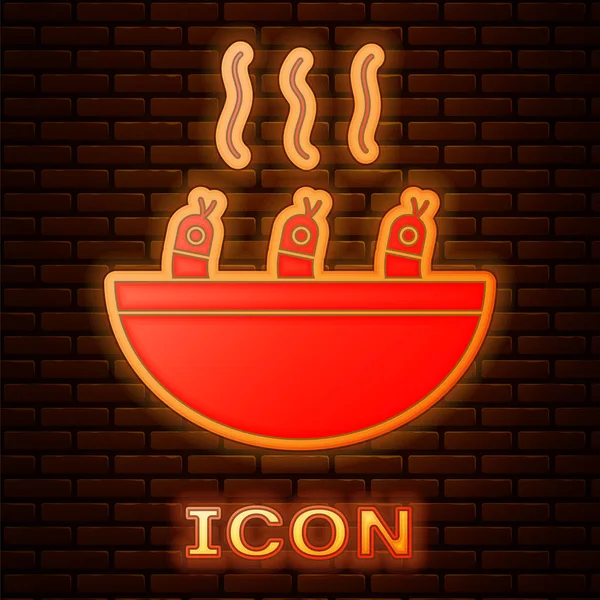 Sopa Neón Brillante Con Icono Camarones Aislado Fondo Pared Ladrillo — Vector de stock