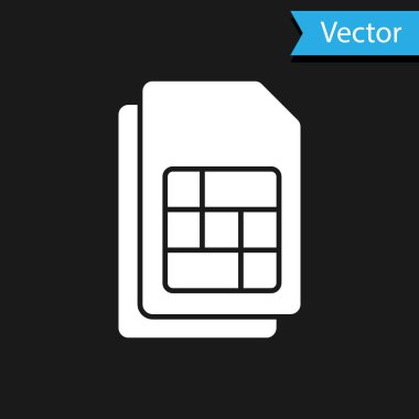 Beyaz Sim kart simgesi siyah arkaplanda izole edildi. Cep telefonu sim kart çipi. Mobil telekomünikasyon teknolojisi sembolü. Vektör.