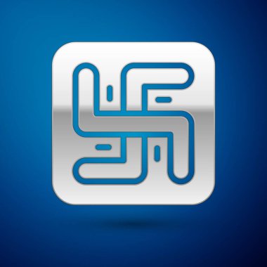 Gümüş Hindu gamalı haç sembolü mavi arka planda izole edilmiş. Vektör.