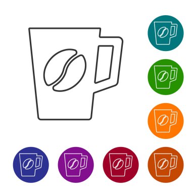 Siyah çizgi kahve fincanı simgesi beyaz arkaplanda izole edilmiş. Çay fincanı. Sıcak içecek kahvesi. Simgeleri renk daire düğmelerine ayarla. Vektör.